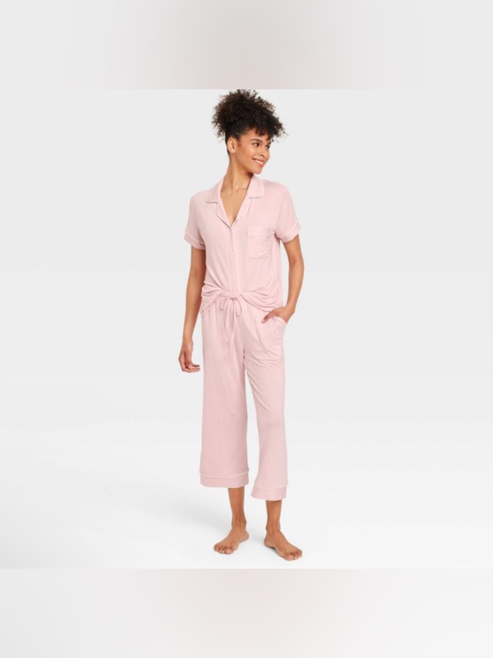 Auden Women's Cloud Knit Short Sleeve Notch Collar Top & Capri Pants Pajama Set